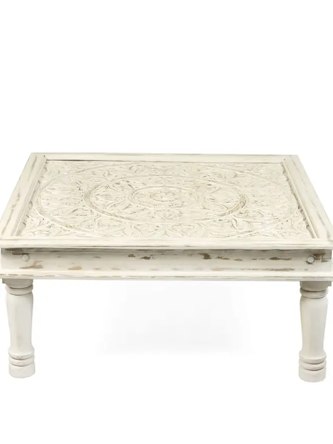 Stolik kawowy BANHI lite drewno mango żłobione 100x100x45 cm