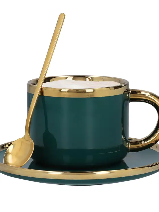 Filiżanka ze spodkiem i łyżeczką SINNES porcelanowa szmaragdowa 0,20 l