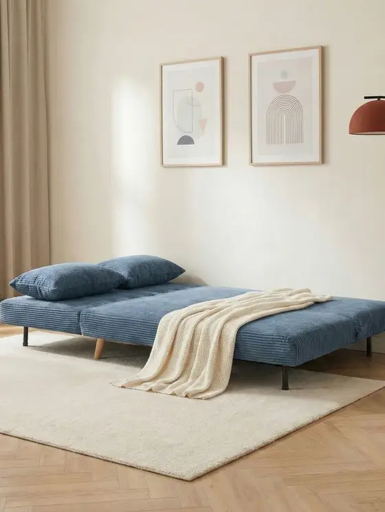 Sofa SOLACE 2-osobowa, z funkcją spania sztruksowa granatowa 140x91x84 cm
