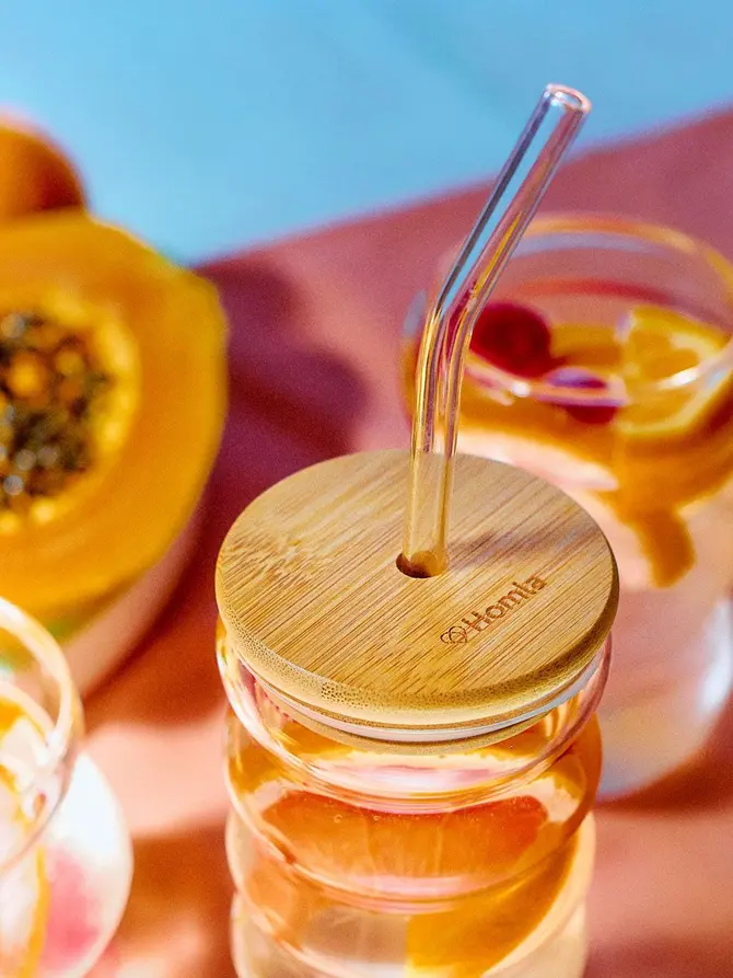 Szklanka BUBBLY SUMMER z bambusową pokrywką i szklaną słomką 0,45 l