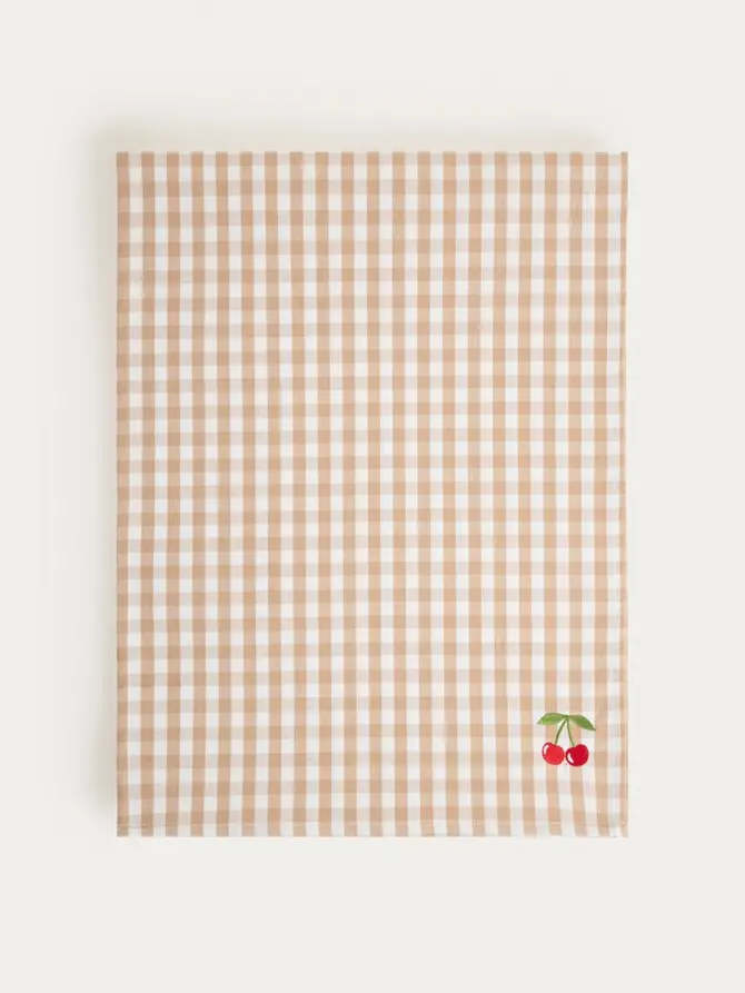 Bieżnik ABRIL beżowy w kratkę z ozdobnym haftem 40x160 cm