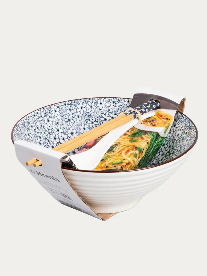 Zestaw do ramen SALADO w kwiatki z brązowym rantem 21 cm
