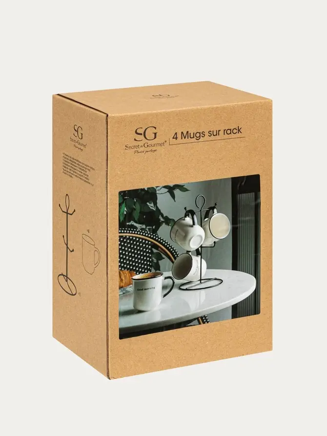 Zestaw 4 kubków ze stojakiem ALIX biały 16x15x16 cm