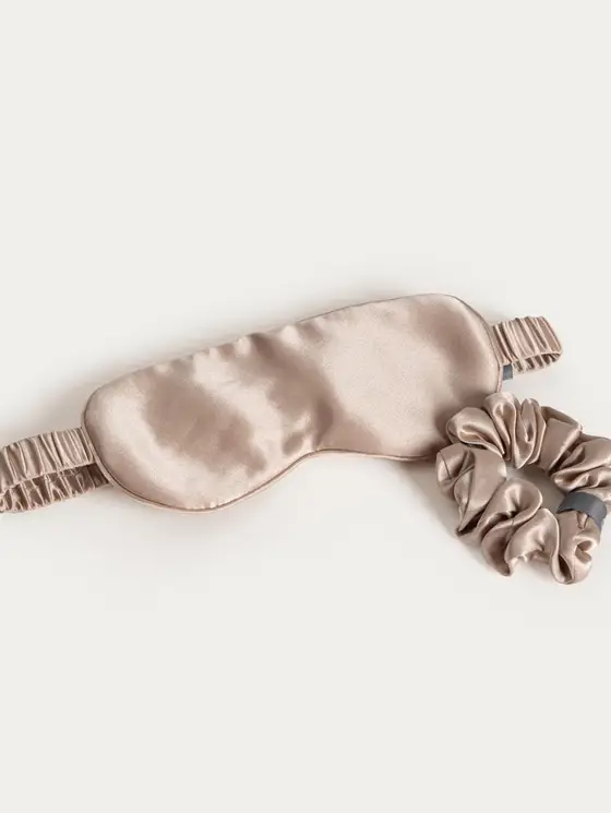 Maska na oczy i scrunchie BELARIS z jedwabiu morwowego beżowe 2 szt.