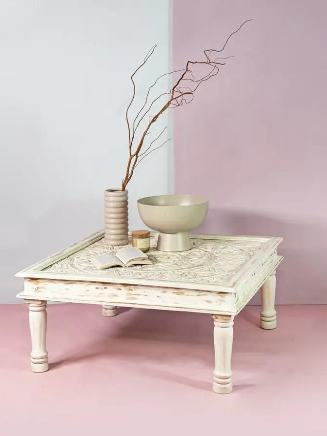 Stolik kawowy BANHI lite drewno mango żłobione 100x100x45 cm