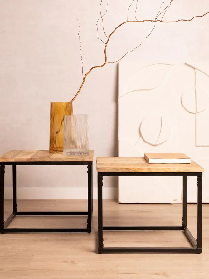 Zestaw stolików kawowych MAYA lite drewno mango + metal 110x60x45 cm/50x50x40cm