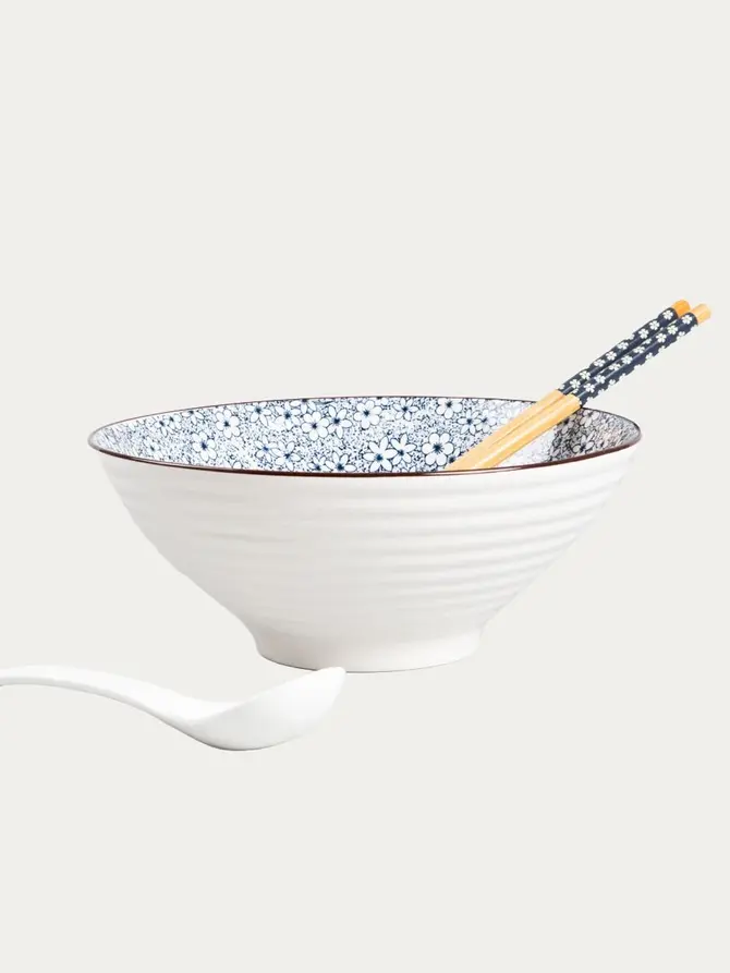 Zestaw do ramen SALADO w kwiatki z brązowym rantem 21 cm