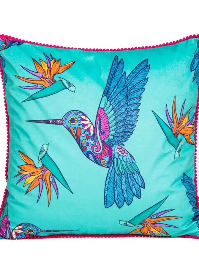 Poszewka FRIDA KAHLO z kolibrami turkusowa 45x45 cm