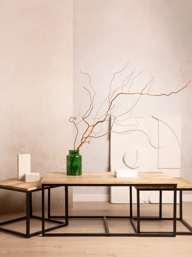 Zestaw stolików kawowych MAYA lite drewno mango + metal 110x60x45 cm/50x50x40cm