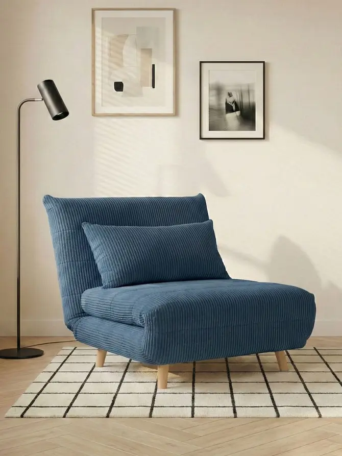 Sofa SOLACE 1-osobowa, z funkcją spania sztruksowa granatowa 83x91x84 cm