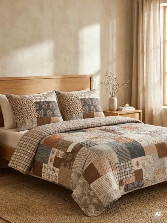 Pościel PATCHWORK bawełniana w ceglasty wzór z pikowaniem 140x200 + 1*70x80 cm