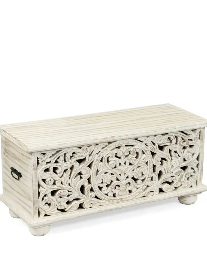 Skrzynia kawowa BANHI lite drewno mango żłobione 100x40x45 cm