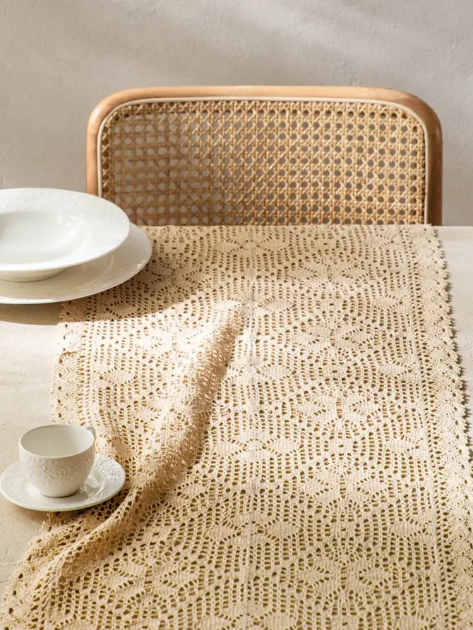 Bieżnik CROCHET szydełkowy beżowy 40x160 cm