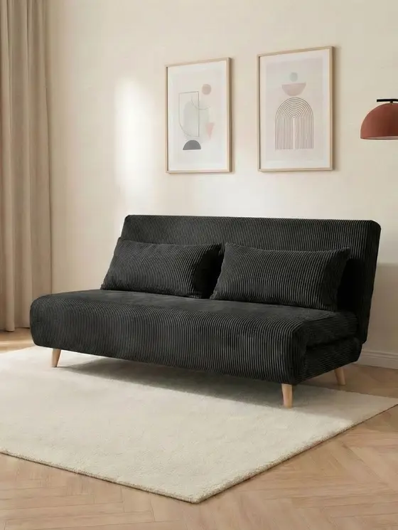 Sofa SOLACE 2-osobowa, z funkcją spania sztruksowa czarna 140x91x84 cm