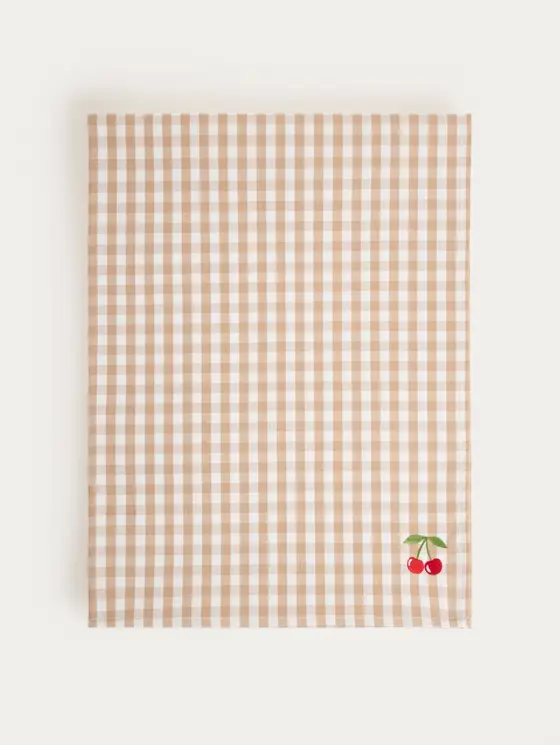 Bieżnik ABRIL beżowy w kratkę z ozdobnym haftem 40x160 cm