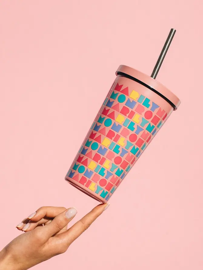 Kubek termiczny MONROE SUMMER ze słomką różowy 540 ml