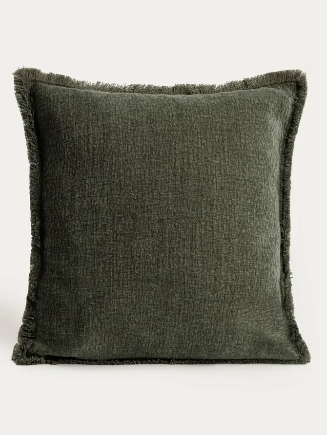 Poszewka ZAMBRA z dodatkiem lnu zielona z frędzlami 45x45 cm
