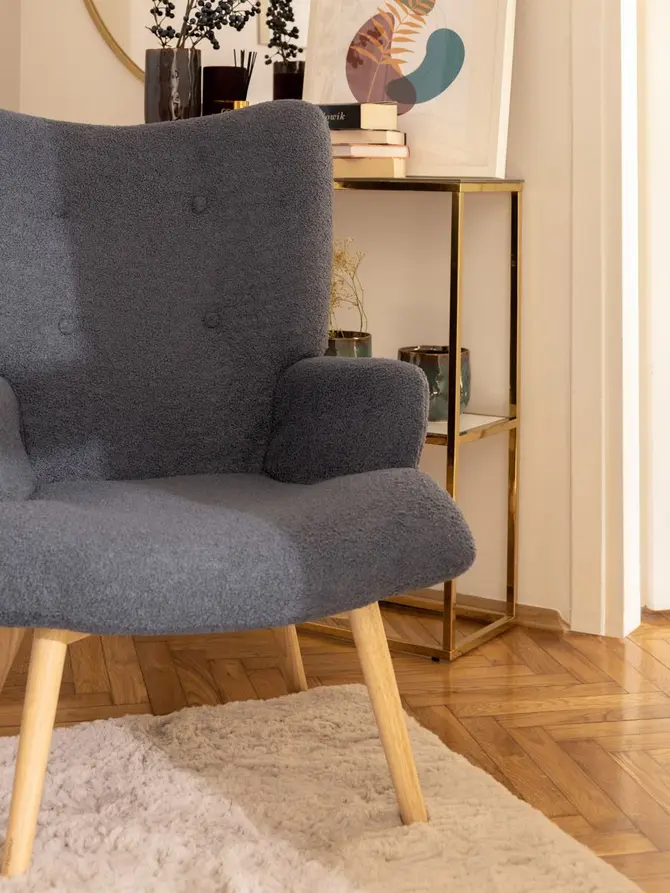 Fotel MOSS TEDDY BOUCLE w tkaninie TEDDY granatowy 70x55x95 cm