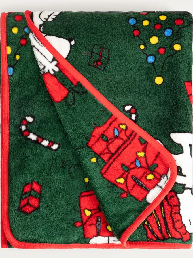Koc SNOOPY zielony ze świątecznym wzorem SNOOPY 150x200 cm