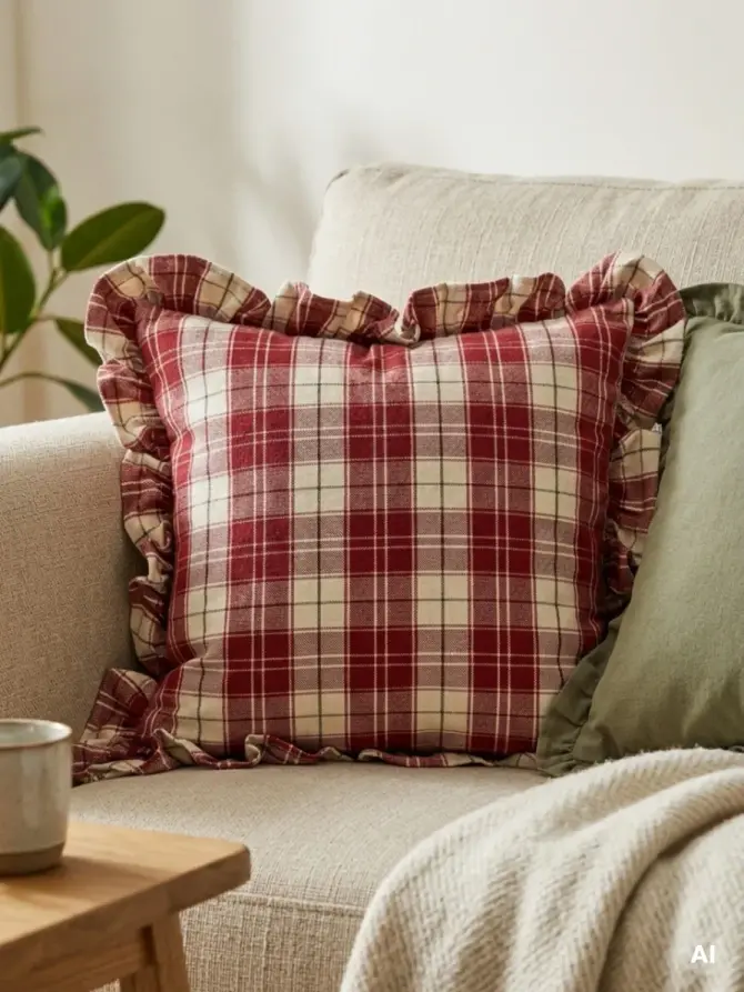 Poszewka ARABELLA w czerwoną kratę z falbaną 45x45 cm