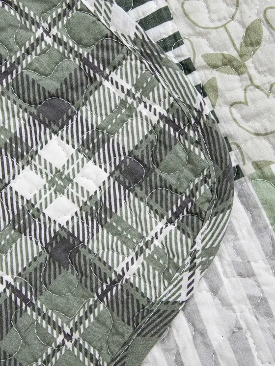 Narzuta PATCHWORK bawełniana w oliwkowy wzór z pikowaniem 200x220 cm