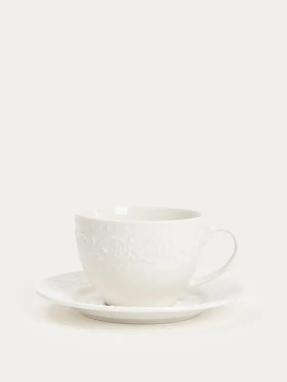 Zestaw filiżanek ze spodkiem SYLIA porcelanowych dużych białych z ornamentem 6 el.