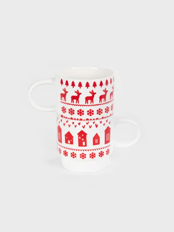 Zestaw kubków CANAMA porcelanowych piętrowanych w renifery i domki, 2 szt. 0,3 l
