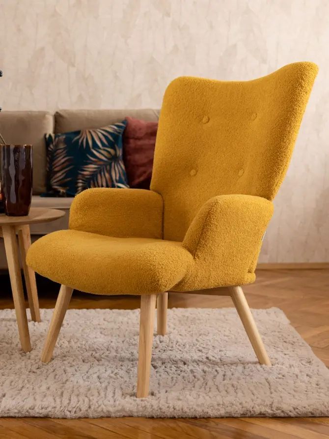 Fotel MOSS TEDDY BOUCLE w tkaninie TEDDY musztardowy 70x55x95 cm