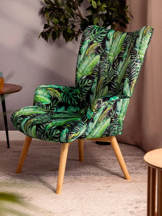 Fotel MOSS welurowy z motywem liści 70x55x95 cm