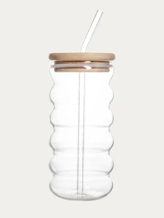 Szklanka BUBBLY SUMMER z bambusową pokrywką i szklaną słomką 0,45 l