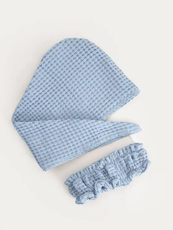 Zestaw opaska i turban VAFFEL niebieski 10x23 cm