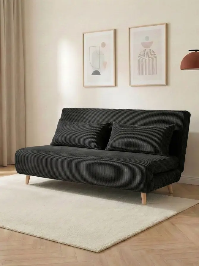Sofa SOLACE 2-osobowa, z funkcją spania sztruksowa czarna 140x91x84 cm