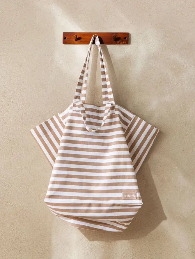 Torba plażowa TAVI bawełniana w beżowe paski 40x42x30cm