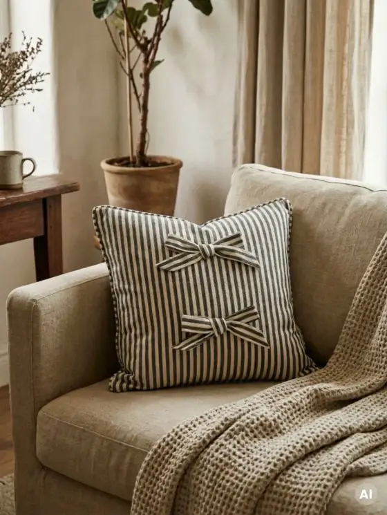 Poszewka SELUNE bawełniana z kokardkami w zielone paski 45x45 cm
