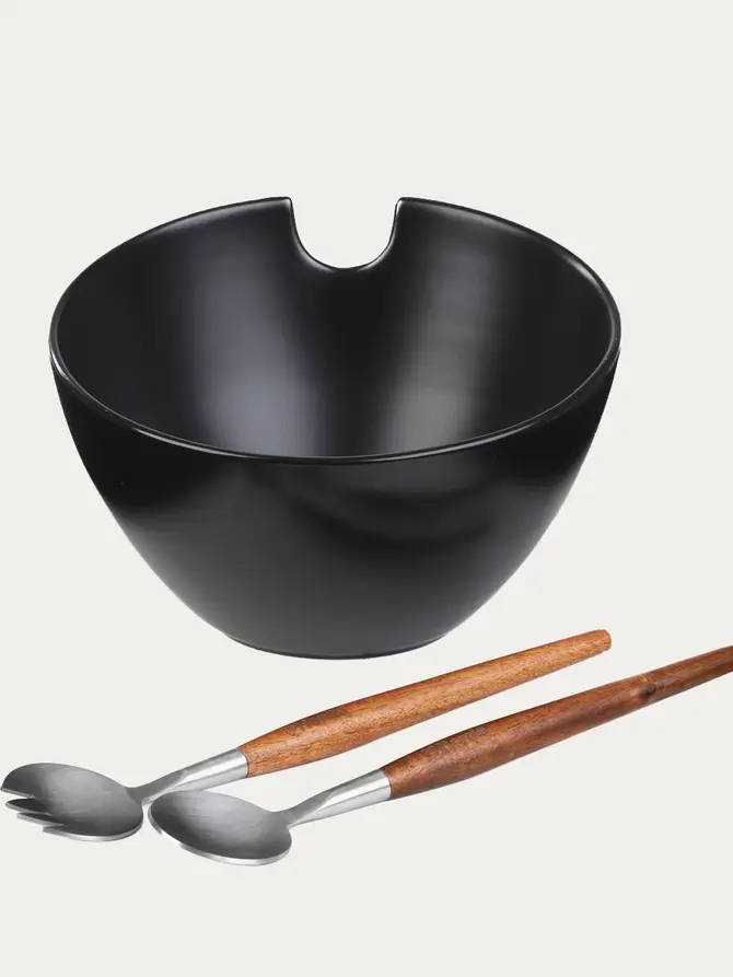 Misa MOOKA do sałat ceramiczna z przyborami czarna 24 cm