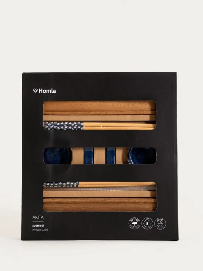 Zestaw AKITA do sushi z granatowymi miseczkami i akacjowymi deskami 8 el.